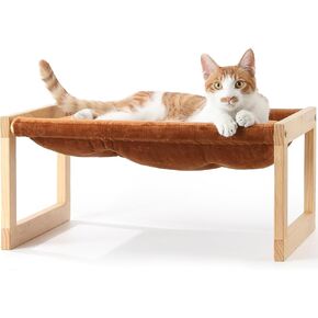 FUKUMARU Cat Couch Bed, Plush Velvet Elevated Bed for Indoor Cats, 21 x 16.5 Inch Wooden Pet Hammock, Suitable for Cat, Dog, Bunny, Rabbit, Kitten and Small Animal, Brown