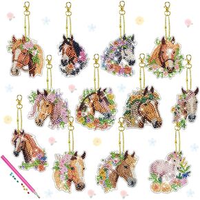 KAPOAOAO 12 Pcs Horse Diamond Art Painting Keychains, DIY 5D Double Sided Drill Diamond Art Painting Kits for Horse Western Cowboy Theme Party Home Arts Crafts Decoration Supplies