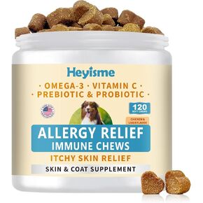 Dog Allergy Relief Chews, Itch Relief, Probiotics for Dogs, Omega-3 Fish Oil, Seasonal Allergy and Itchy Skin Treatment, Immune Support Supplement (120 Chews, Chicken)