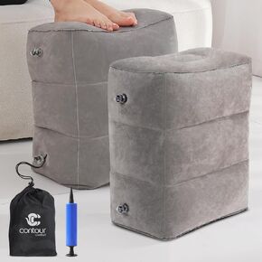 Inflatable Airplane Foot Rest with Hand Pump and Carry Bag, Travel Foot Rest, Airplane Chair Extender for Kids, 3 Adjustable Heights – Office, Car, Train - Grey, Pack of 2