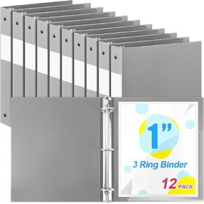 12 pcs 1 inch 3 binder binder plinder مرنة مرنة الحجم الحجم الحجم 8.5 '× 11' 'يحمل ما يصل إلى 225 ورقة مع 1 جيوب متعددة الموثق لمكتب المدرسة (رمادي)