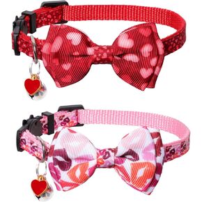 2Pcs Valentine's Day Cat Collars Holiday Breakaway Loving Heart Kitty Kitten Collars Breakaway Cat Bowtie Collars Red Pink Heart Pattern Collars with Cute Bow Tie Bell for Cats Kittens in Kuwait