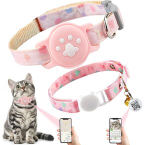 2-Pack Airtag Cat Collar with Apple Airtag Holder, Breakaway Kitten Collar with Personalized QR Name Tag & Bell, Adjustable Kitty GPS Tracker Collar for Girl Cats Boy Cats, Puppies, Pink