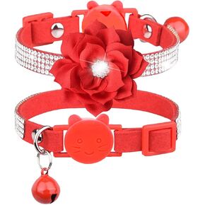Cat Collar Bling Diamond Breakaway Cat Collar with Bell Rhinestones Pet Collars with Soft Velvet Adjustable Shine Collar for Cats Girls and Small Dogs Puppy (Red)