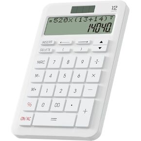 Calculator with Improved Memory and Trace Function, ROATEE 2 Lines LCD Display Kawaii Calculator for Student, Large Sensitive Buttons Solar and Battery Power, for Home, Office, Store, White