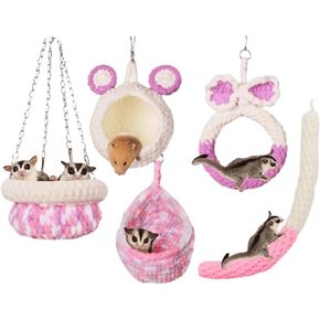 5Pcs Hamster Cage Hammock Small Animals Hanging Hammocks with Squirrel Cages Accessories Hang Tunnel Swing for Sugar Glider Toys Rat Swing Jungle Set Plush Hamsters Warm Beds (Pink)