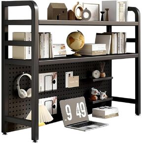 Desktop Bookshelf 2 Layer for Computer Multipurpose Metal Desktop Hutch Shelf Wrought Iron Desktop Bookcase for Office Supplies Organizer (White)