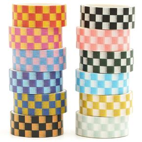 12 Rolls Grid Washi Tape Set Plaid Arts Adhesive Tapes Basic Patterns Decorative Masking Tape Sets for Craft, Kids, Scrapbook, DIY, Gift Wrapping (Style Two)