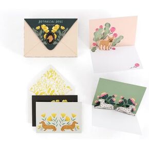 Pop-Up Botanical Dogs Blank Boxed Note Cards with Matching Envelopes- French Bulldog, Dalmation, Dachshund Write Your Own Message (8-Count)