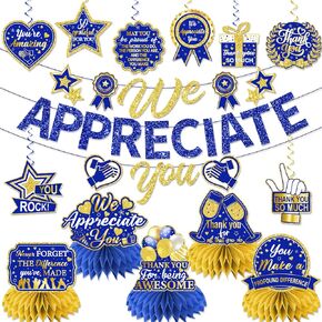 We Appreciate You Decorations, Navy Blue Gold Thank You Decorations includes We Appreciate You Banner and Employee Appreciation Table Decorations and Hanging Swirls for Pastor Appreciation Decorations