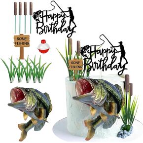 Gone Fishing Cake Topper with Largemouth Bass Sign Fisherman Happy Birthday Sign