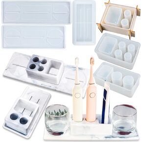 Toothbrush Holder Epoxy Resin Silicone Molds Set for Cement Concrete Polymer Clay Bathroom Storage Organizer Tray 6-Count