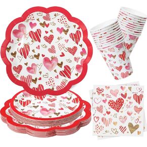 ZVK Valentines Paper Plates, Napkins and Paper Cups Set 96 Pieces Party Supplies Dessert Plates Party Cups Napkins for Happy Valentine's Day