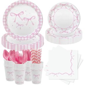 MEHOFOND 216 Pcs Coquette Disposable Paper Dinnerware Set, Pink Bow Party Tableware Decor, Paper Plates Napkins, Women Bridal Shower Bachelorette Engagement, Girls Birthday Party Decor, Serves 24