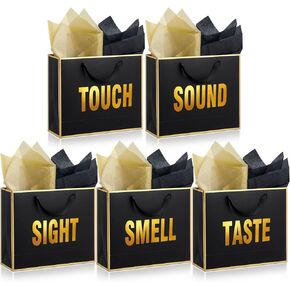 Kolldenn 5 Senses Gift Bags for Men Large Valentines Day Gift Bag with Handles and Tissue Paper 11.8 x 10 x 4'' Black and Gold Metallic Sack with Golds Words for Valentine Wedding Birthday Christmas