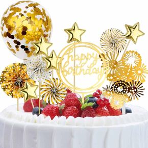 كعكة توبيبر ديكور مجموعة الاكريليك بريق كعكة عيد ميلاد سعيد أعلى مع حلويات البالون الورق المشجعين النجوم ألعاب نارية كب كيك أعلى الأقطار للذهول ديكور الفتاة اللوازم حفلة عيد ميلاد (الذهب) (الذهب)