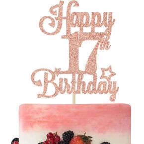 Happy 17th Birthday Cake Topper, Cheers to 17 Years, Hello 17, 17th Birthday Anniversary Party Decorations Rose Gold Glitter.
