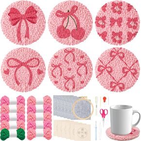 WATINC Bow Tie Punch Needle Coaster Kit - 22Pcs Easy Art Work Decor Craft Supply for Beginners, DIY Set of 6 Pink Bow Tie Tufted Rug Pads with Adhesive Felt Yarns Embroidery Hoop Tools Instruction