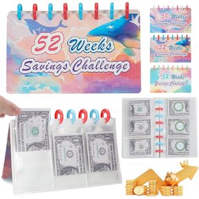 ONEDONE 52 Week Money Saving Challenge Binder 8 Rings Savings Challenge Book with Cash Envelopes Portable Money Saving Binder to Save $1430 $2,600 $5,200 Blue Whale