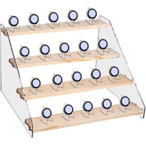 4 Tier Challenge Coin Display Stand with Mini Clear Holder, Holds 30 Coins Wooden Collectible Display Holder Case