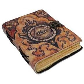 Blank Spell Book of Shadows Journal Little Witch Cat Printed Witchcraft Supplies Wiccan Notebook Handmade Vintage Deckle Paper Grimoire Journal Leather Sketchbook, Drawing Journal (7 X 5)