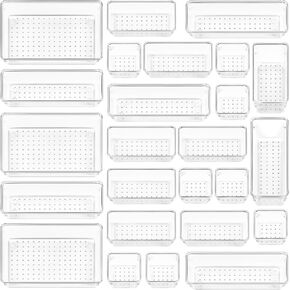 Vtopmart 25 PCS Clear Plastic Drawer Organizers Set, 4-Size Versatile Bathroom and Vanity Drawer Organizer Trays, Storage Bins for Makeup, Bedroom, Kitchen Gadgets Utensils and Office