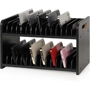 Cell Phone Storage Classroom Cell Phone Holder Adjustable Wooden Multiple Cell Phone Rack Caddy Organizer Box for Classroom Office Desktop with 1-30 Number Stickers (30-Grid) (Black)