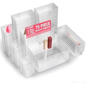 70 Piece Clear Plastic Drawer Organizer Set, 4 Sizes of Bathroom Drawer Organizers and Storage Bins, Dresser Desk Drawer Organizer Tray for Jewelry, Makeup, Gadgets, Junk, Kitchen Utensils