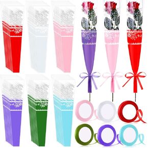 Chiisong 300 PCS زهرة مفردة الأكمام عيد الحب مرة واحدة الوردة الأكمام البلاستيكية تغليف تغليف الأزهار المقاومة للماء مع 6 شريط لاستلواح باقة الزهور