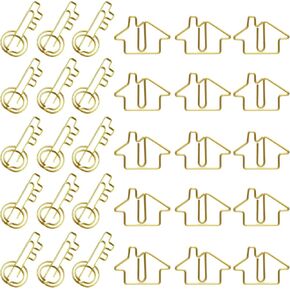 100 Pcs Gold of House and Key Shaped Paper Clip Set, 50 Pieces of House Paper Clip and 50 Pieces of Key Paper Clip for Office, Home and Real Estate Professionals (Gold House+Key)
