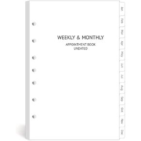 Undated Planner Refills 5.5"x8.5" for 3-Ring Mini Binders, Weekly Pages with Monthly Tabs, 7-Hole Punches, Half Letter Size