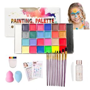 26color Professional Face Body Oil Paint Kit safe Non-Toxic Easter Party,Carnival,10Brushes,1Rainbow Crayon,1Makeup Glitter Gel,2Sopnges,2 Gem stickers painting palette set for Kids and Adults