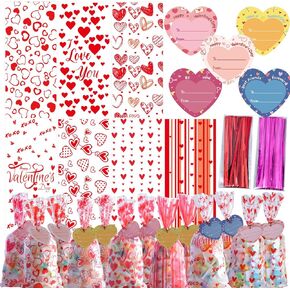 WOONOO 160PCS Valentines Cellophane Gift Bags, 7 Designs Valentine Treat Bags for Kids with 30PCS Gift Cards, Valentine Goodies Bags for Treat with Twist Ties for Valentines Party Supplies