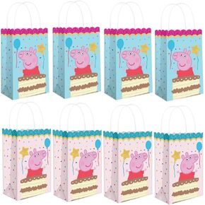 Amscan Charming Pink & Blue Peppa Tea Party Printed Kraft Bags - 8" x 5" (Pack of 8) - Perfect for Parties, Gifts & Goodies