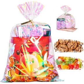 TYRSEN Cellophane Bags, 50 Pcs 9x12 Cellophane Plastic Treat Goodie Bags with Twist Ties Holographic Iridescent Cello Gift Bags for Mother's Day Christmas Wedding Birthday Party Halloween Xmas