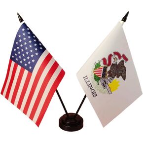 America & Illinois Twin Desk Flag, US Illinois Table Flags, 8 x 5 Inches American & Illinois Deluxe Desk Flag Set - Miniature USA & Illinois Stick Flag with Flag Stand