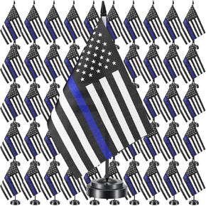 50 Pcs Thin Blue Police Flag Mini Small Police Office Table Flag with 12" Black Pole Police Officer Desk Gifts for Law Enforcement Party Theme Event Decorations