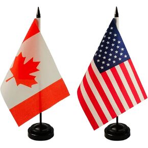 2 Pack Canada & American Desk Flag, 1 United States Table Flag,1 Canadian Desk Flag,American Office Table Flag on Stand Base, Decorations for Offices, Families, Conference rooms