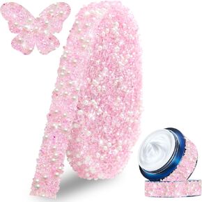 FULZTEY 3 Yards Pearls Self Adhesive Rhinestone Ribbon,Bling Clear Light Blue Crystal Trim with White Round Pearls for DIY Crafts,1.3 CM Wide Rhinestone Strips for Car Wedding Party Decoration