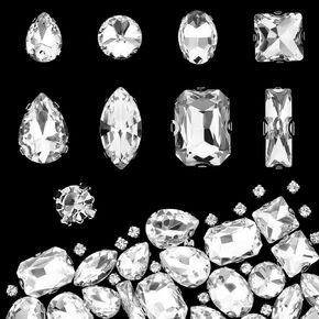 240 PCS Sew on Rhinestones Mixed Shapes Glass Rhinestones Sew on Crystal Gems Mental Flatback wif Silver Claw for Jewelry Crafts Clothes Shoes Costume Garment(White)
