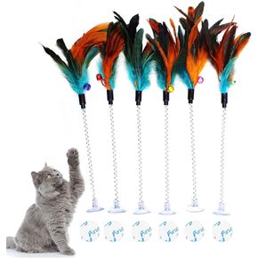 IUHKBH Cat Feather Wands, 6 PCS Spring Cat Wands with Bell Sucker Interactive Cat Teaser Wands for Cat and Kitten