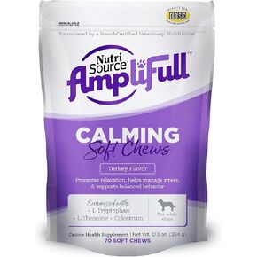 Nutrisource Amplifull Turkey Flavor Chows Cog Soft Cows ، مكملات تخفيف القلق والتوتر اليومي للكلاب ، امتصاص عالية للاسترخاء ، 70 مضغ (حزمة واحدة)