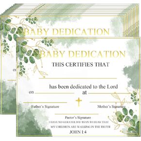 Certificate Baby Dedication Card 8.5 x 11 Inch Baby Dedication Certificate with Baby Lamb Christening Baby Dedication Certificates Church Gifts for Church Baptism Gifts 24 Pack (Greenery)