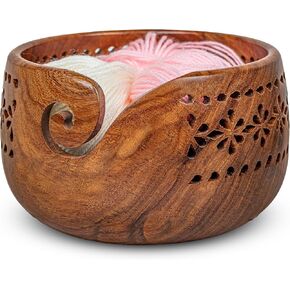 Designx International Handcrafted ، وعاء خيوط خشبي ، وعاء حامل الغزل ، وعاء لعقد الغزل والحياكة وعاء الغزل الكروشيه (نمط خشب الورد)