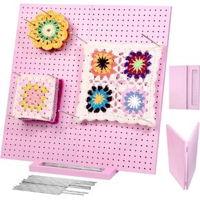 Pink Color 15.4" Foldable Crochet Blocking Board, Upgrade Foldable Large Blocking Board Crocheting with 30 Pcs Pins, Granny Square Blocking Boards, Wooden Knitting Blocking Board for Blocking Crochet