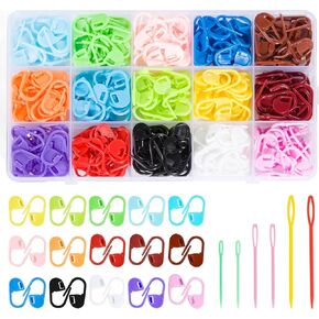 270pcs Stitch Markers for Crocheting,15 Colors Knitting Markers with 6 PCS 3 Sizes Large Eye Sewing Blunt Needles for Knitting Stitch Locking Clip Crochet Hooks
