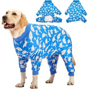 LovinPet Large Dog Pjs, UV Protection, Pet Anxiety Relief Onesies, Lightweight Stretchy, Blue Shark Print Dog Clothes, Undershirt for Dog Sweaters and Coats, Large Breed Dog Pajamas, Pet PJ's /3XL
