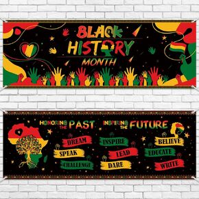 Harloon 2 PCS Black History Month Banner 13.8 × 38.6 بوصة ديكورات التاريخ الأسود البوليستر الأمريكي من أصل أفريقي لشهر فبراير