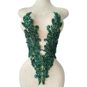 Zbroh Pure Handsewing Rhinestones Applique Multicolor Patch DIY Craft Accessories for Girl Wedding Dress 14X20inches (Deepgreen)