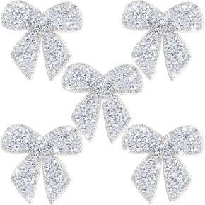 5pcs Bow Rhinestone Appliques, Shiny Rhinestone Bowknot Patches, Iron on/Sew on Patche for Jeans Hats Dresses Shirts Bags Shoes Jackets DIY Crafts- Silver